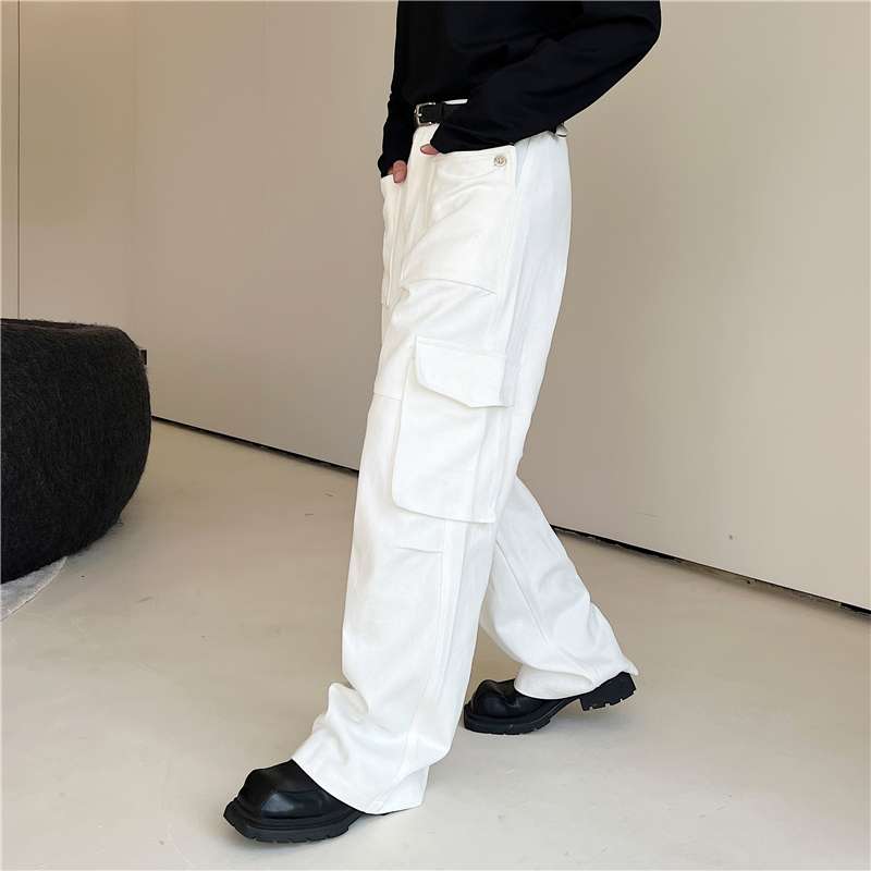 白パンツ ゆったりカーゴパンツ ワイドシルエット多機能ポケット
