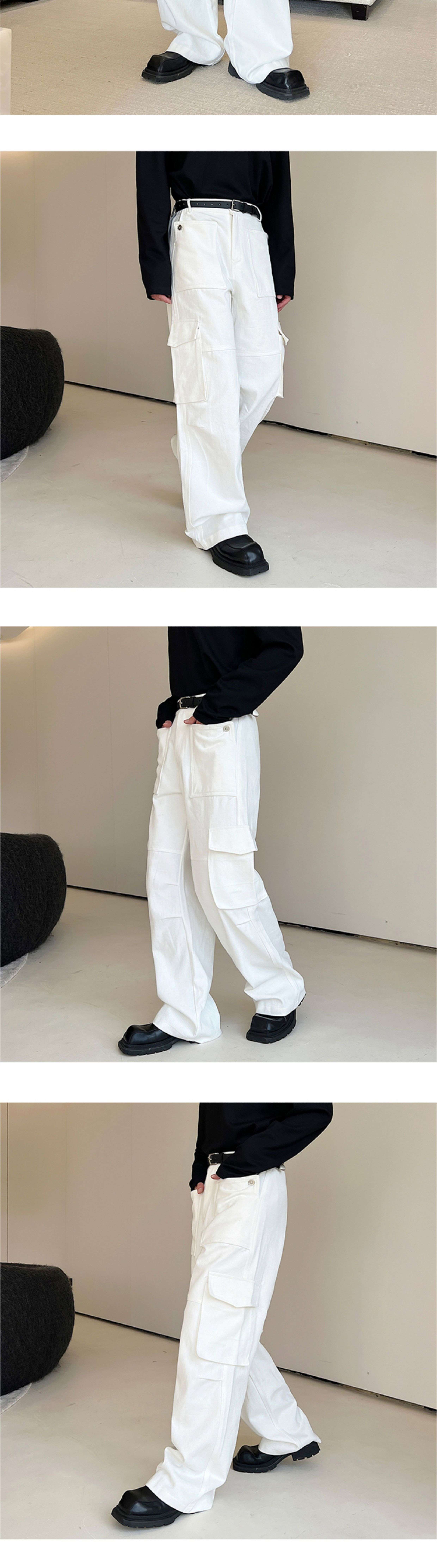 白パンツ ゆったりカーゴパンツ ワイドシルエット多機能ポケット