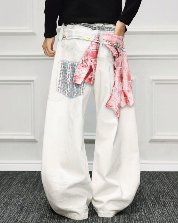 白パンツ 秋冬メンズ白ワイドパンツ レイヤード刺繍デザイン