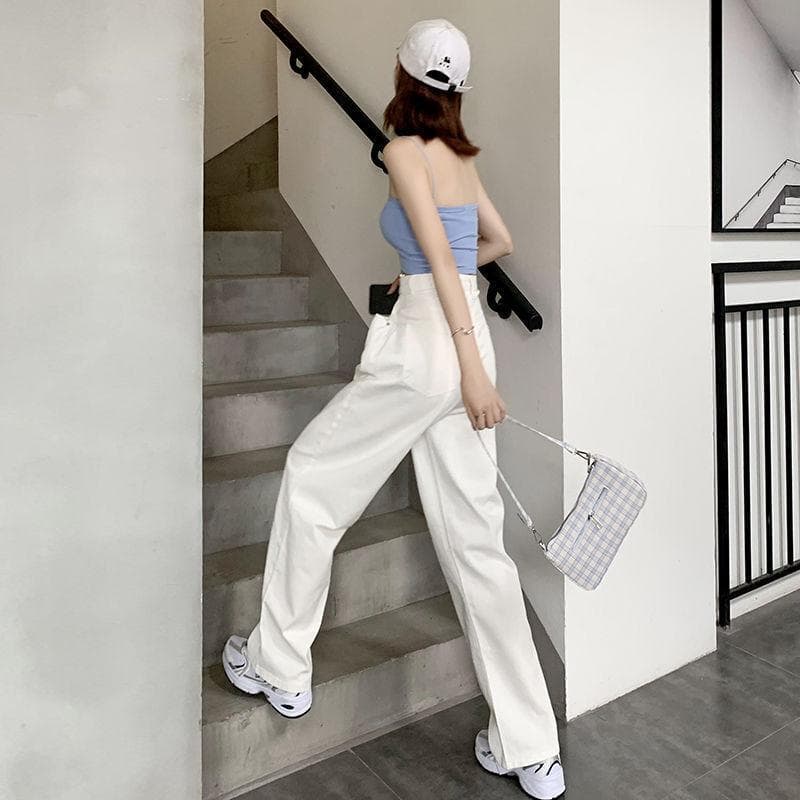 白パンツ ワイドストレートデニムパンツ
