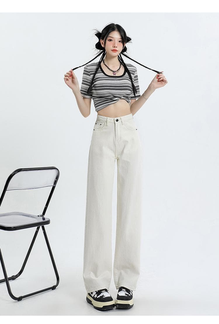 白パンツ ハイウエストストレートデニムパンツ