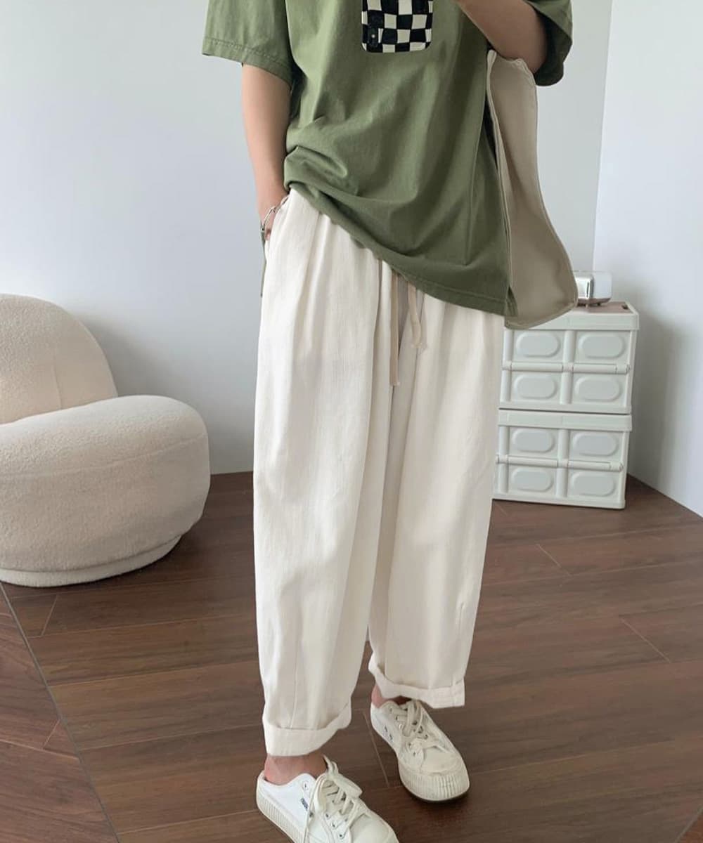 白パンツ ゆったりワイドパンツ レディース体型カバー紐付き