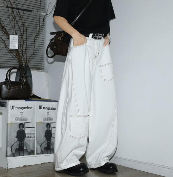 白パンツ 白色デニムワイドパンツ ゆったりシルエット
