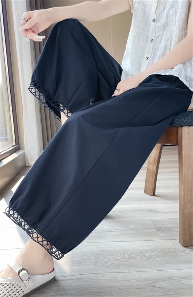 編みレース付きゆったり白パンツ 2025新作 薄手九分丈