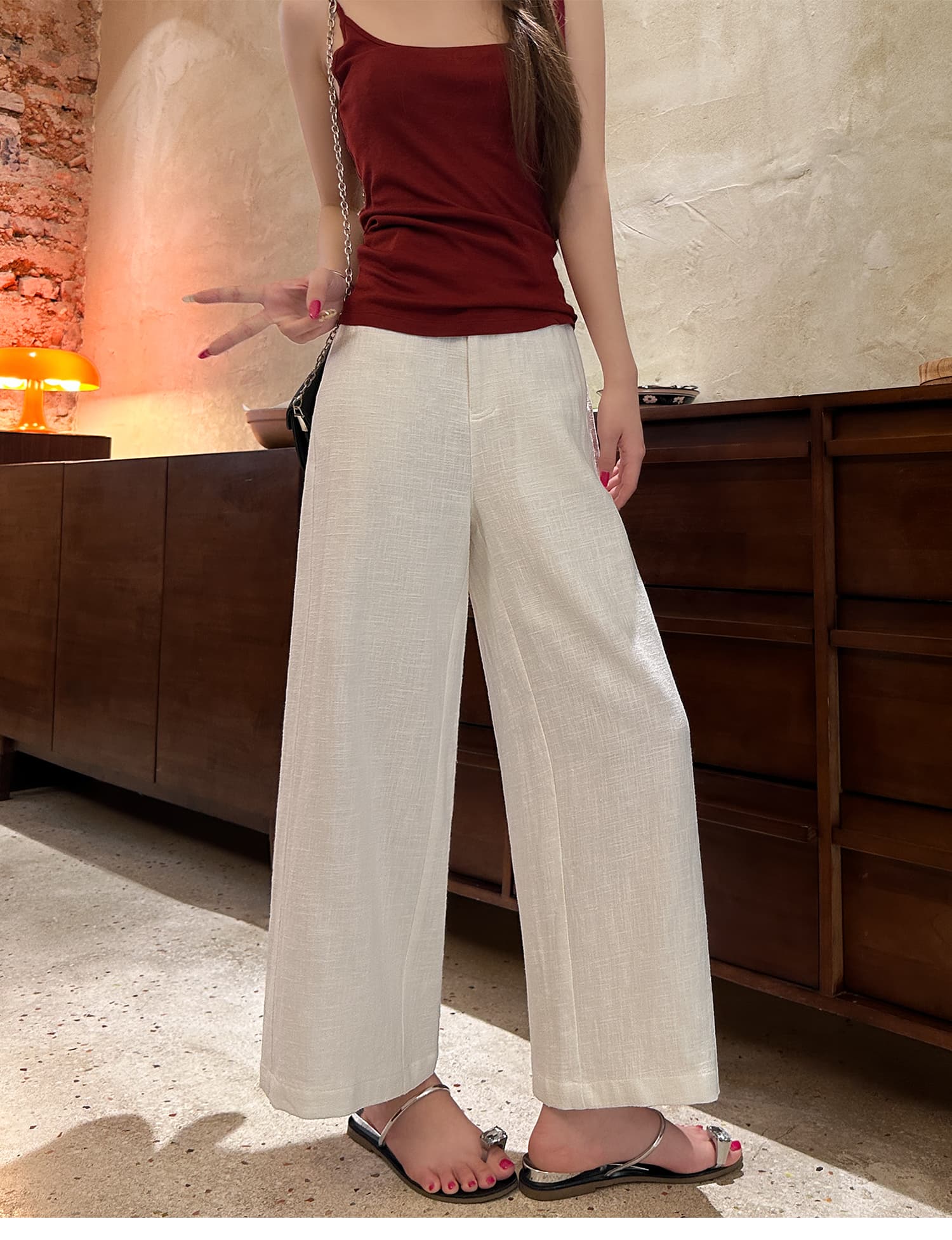 白パンツ さらり風合い麻混ワイドパンツ