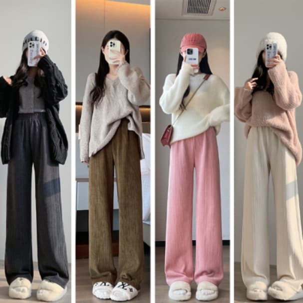 白パンツ テレコリブ ゆったり美脚パンツ