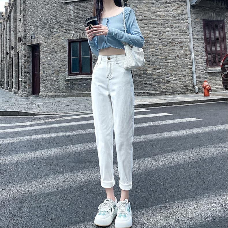 白パンツ ハイウエストストレートデニムパンツ
