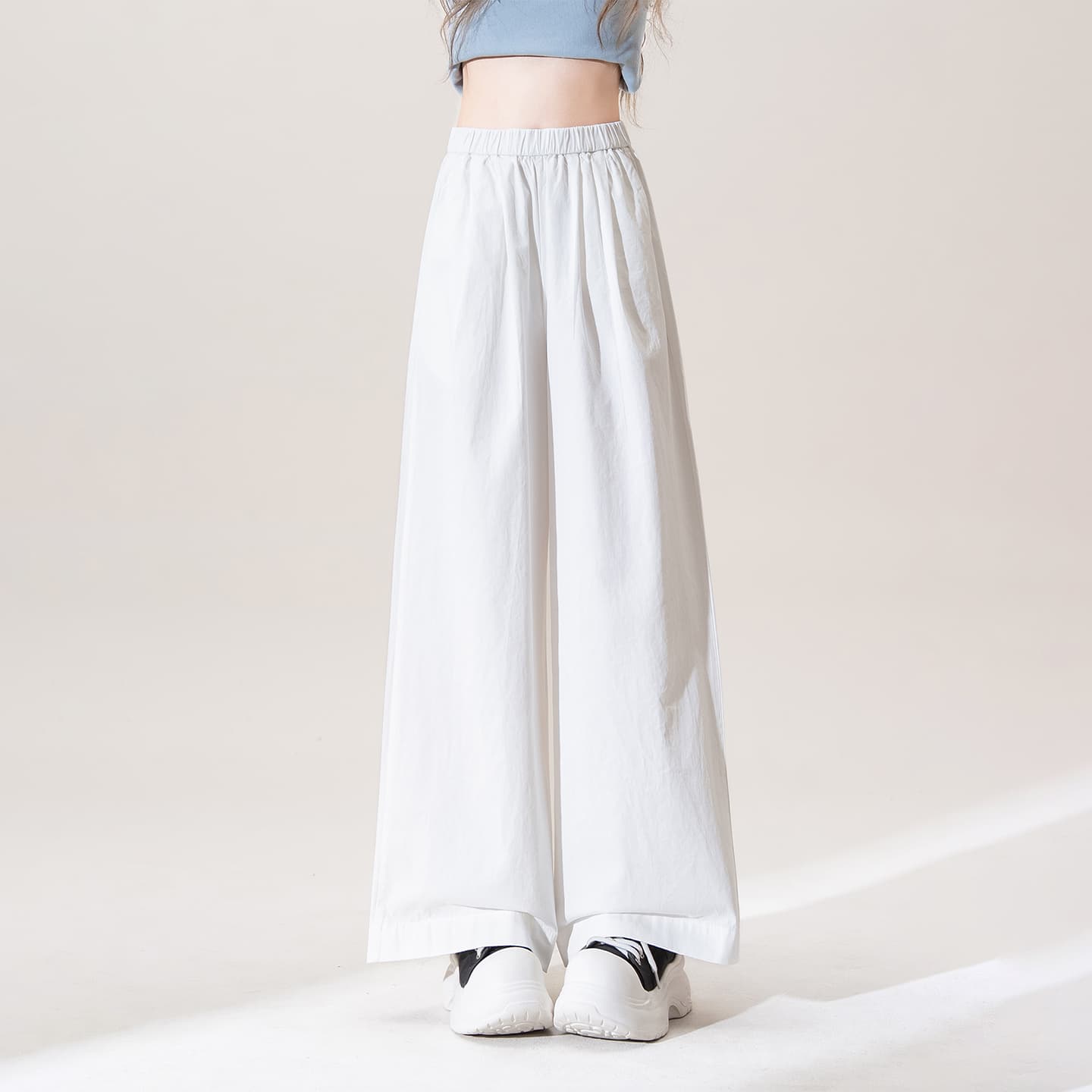 白パンツ ゆったりワイド綿麻素材ロングパンツ