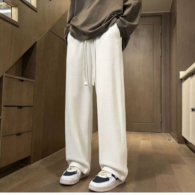 白パンツ 畦編みリラックスワイドパンツ