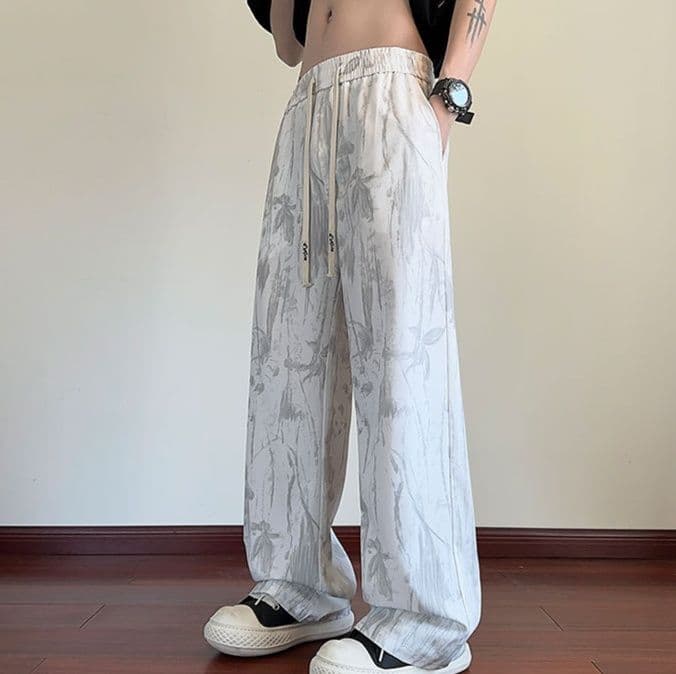 白パンツ 大理石柄ワイドパンツ