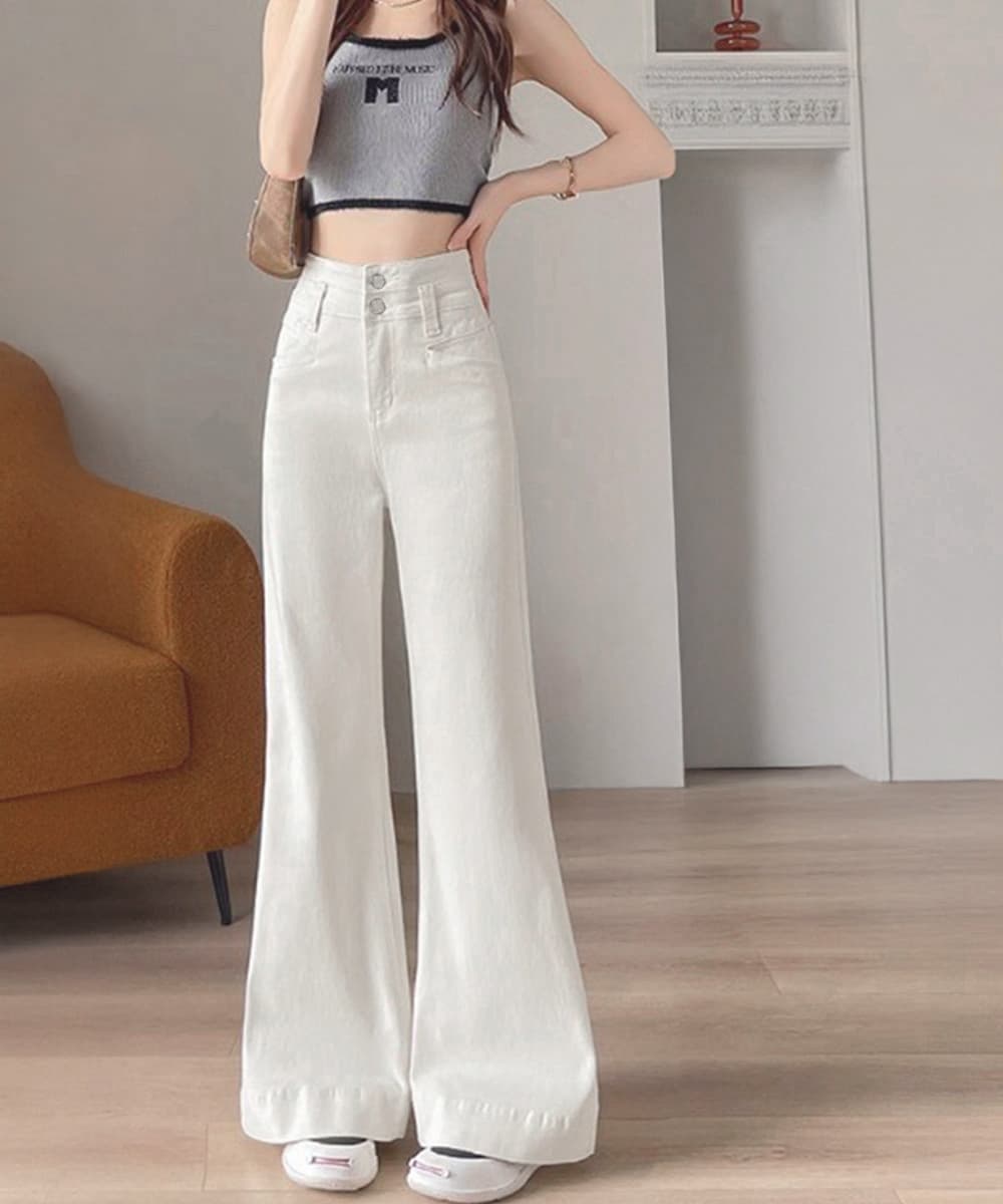 白パンツ ハイウエスト フレア デニム 美脚 脚長効果