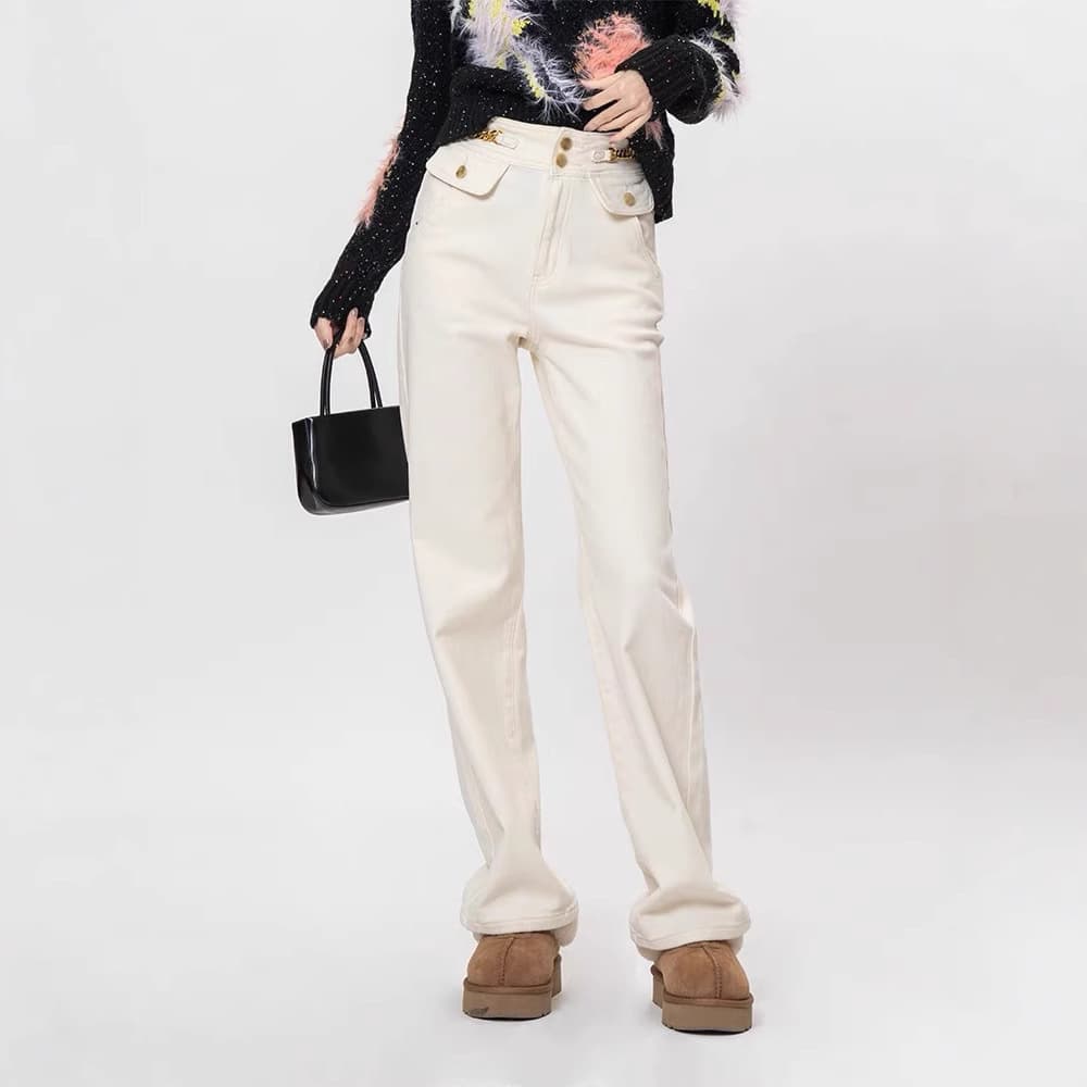 白パンツ フラップポケット付き デニム風ストレートパンツ