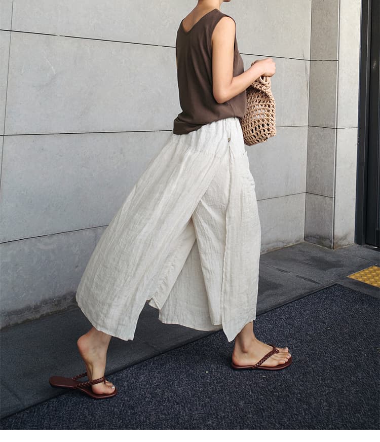 白パンツ 涼感リネン風ワイドガウチョパンツ白系スカート風ボトムス