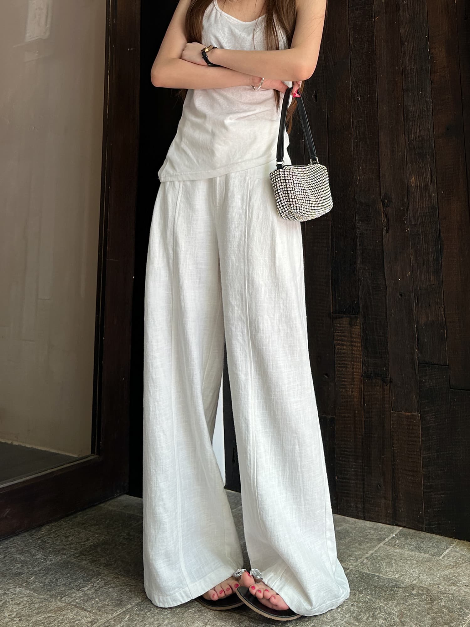 白パンツ リネン風マキシワイドパンツ