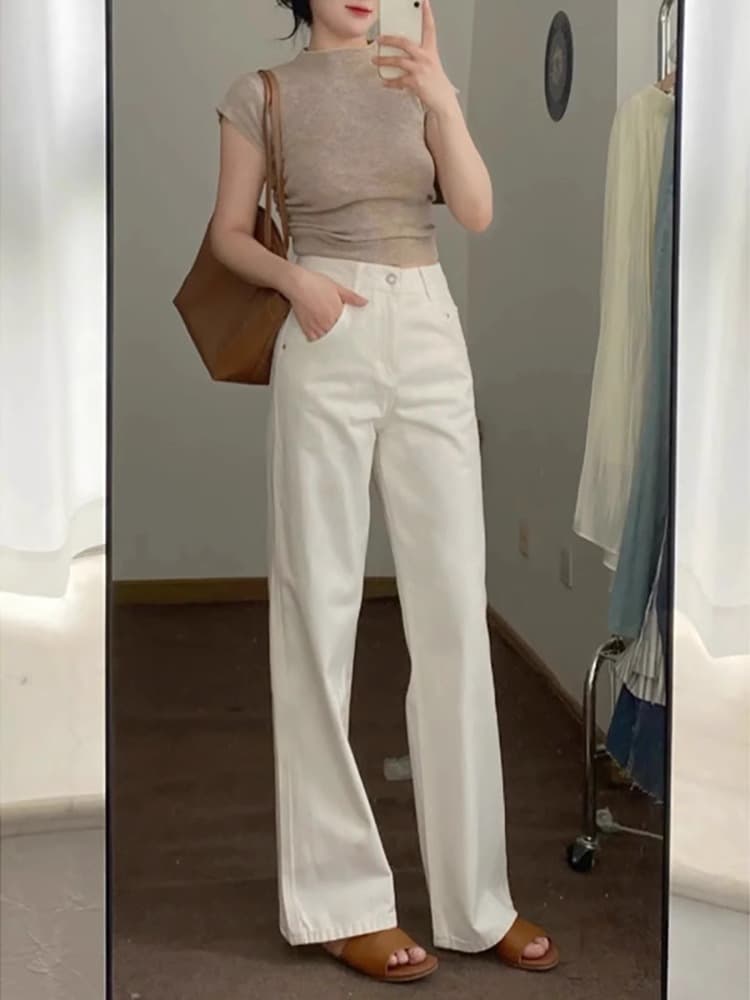 白パンツ ハイウエストストレートデニムパンツ