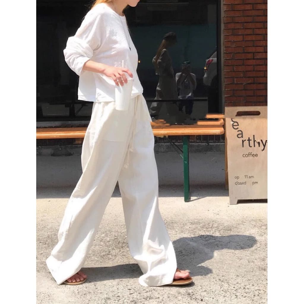 白パンツ リネン混ハイウエストゆったりワイドパンツ