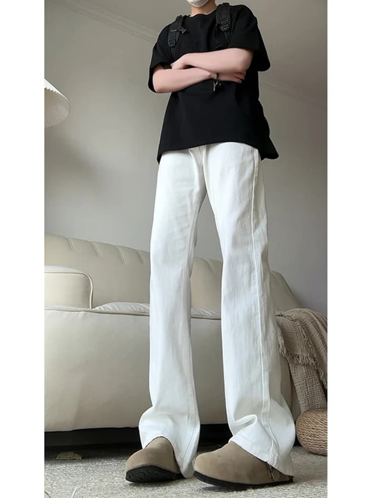 白パンツ 麻混リネン風フレアパンツ