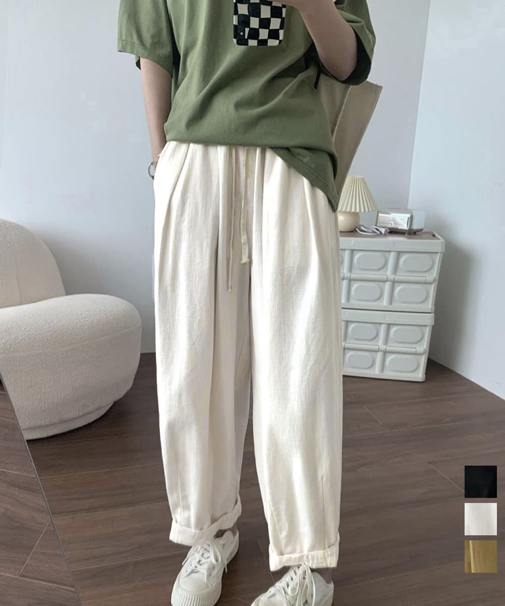 白パンツ ゆったりワイドパンツ レディース体型カバー紐付き