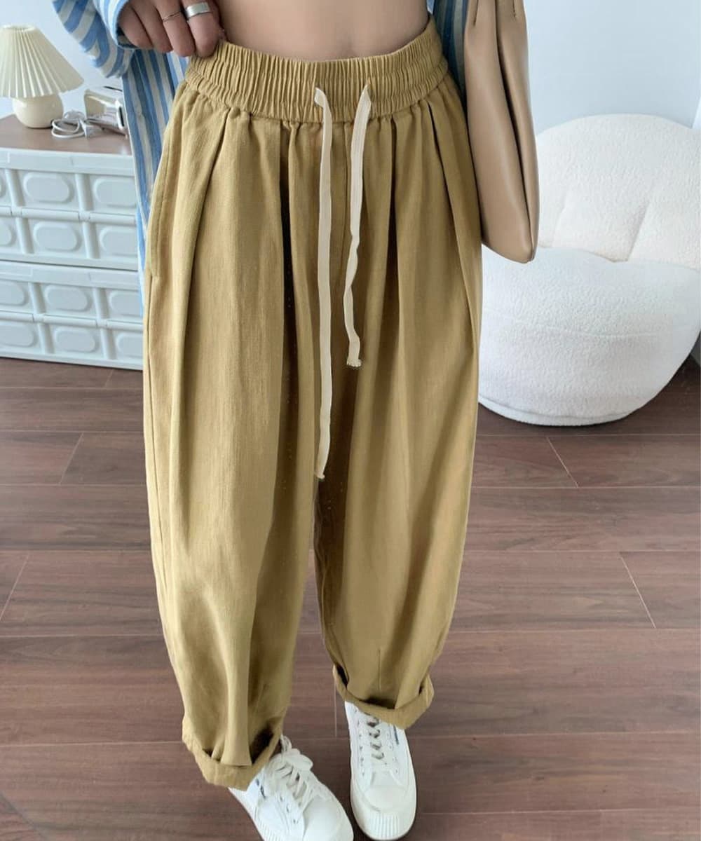 白パンツ ゆったりワイドパンツ レディース体型カバー紐付き