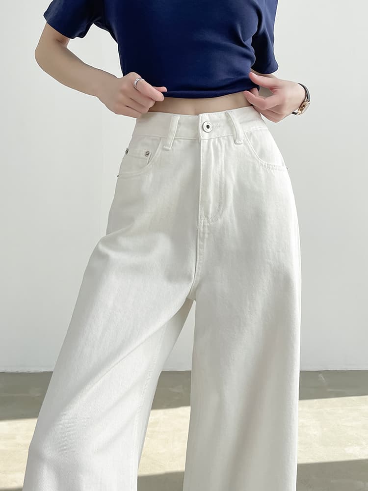 白パンツ 優雅な裾広がりデニムパンツ