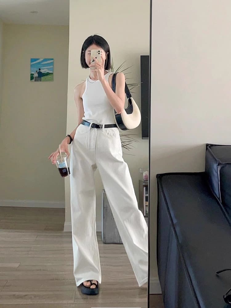 白パンツ ドレープストレートデニムパンツ