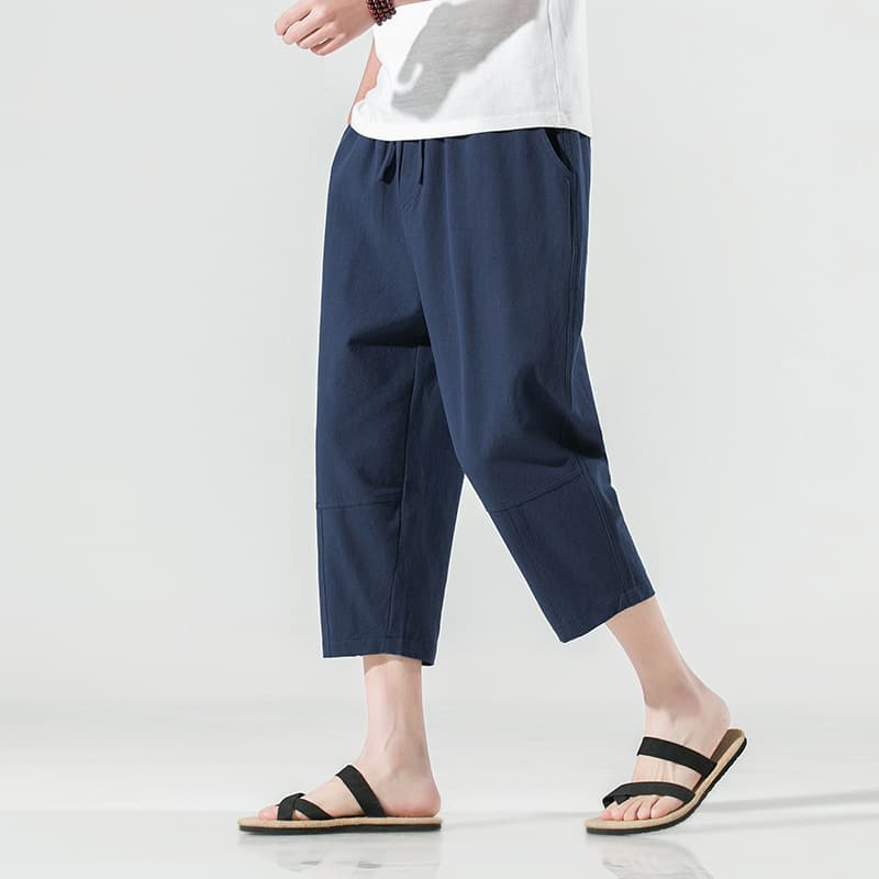 白パンツ リネン混紡 リラックスクロップドパンツ