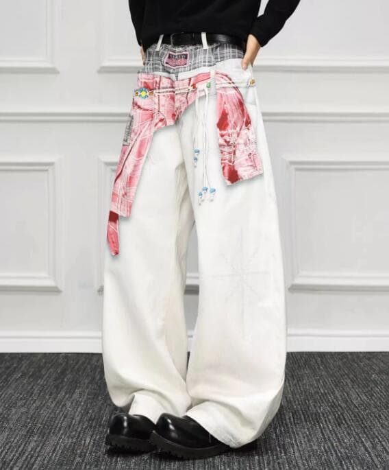 白パンツ 秋冬メンズ白ワイドパンツ レイヤード刺繍デザイン