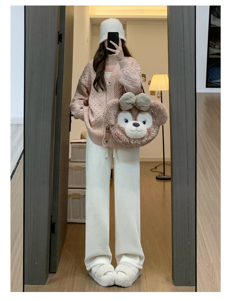 白パンツ もこもこ裏起毛リブパンツ