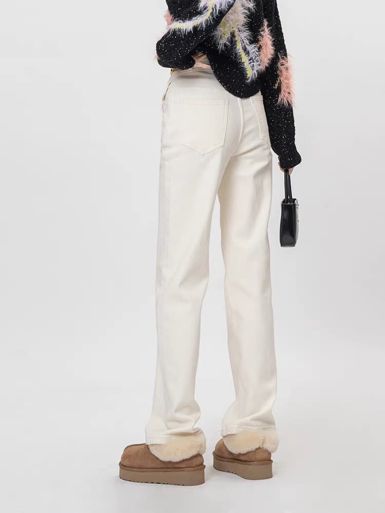 白パンツ フラップポケット付き デニム風ストレートパンツ