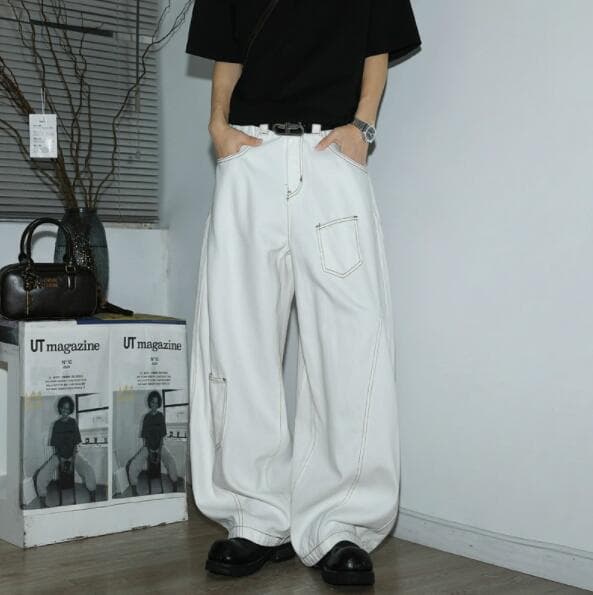 白パンツ 白色デニムワイドパンツ ゆったりシルエット