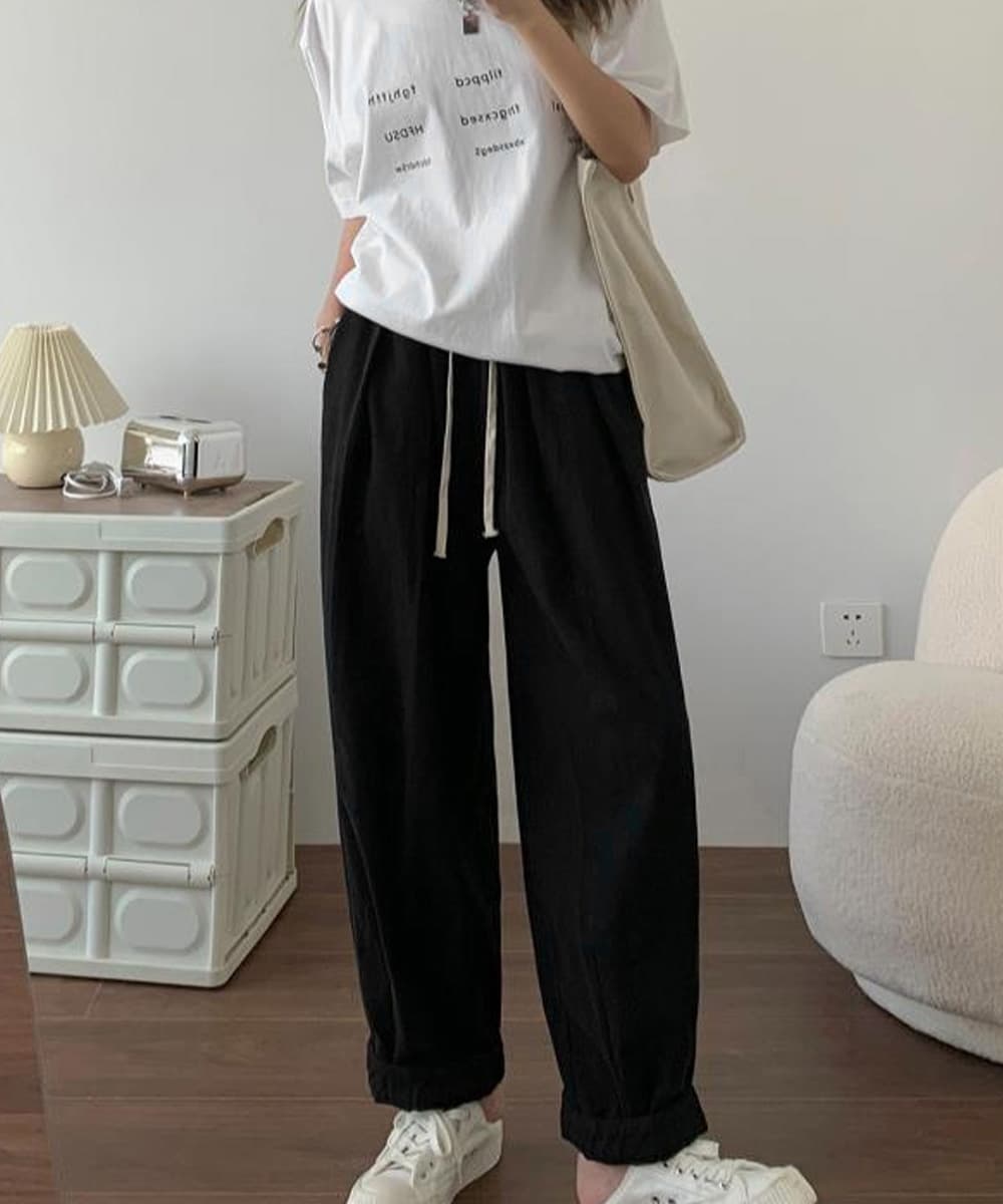 白パンツ ゆったりワイドパンツ レディース体型カバー紐付き