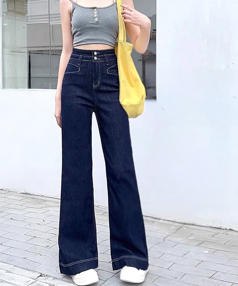 白パンツ ハイウエスト フレア デニム 美脚 脚長効果