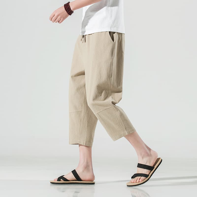 白パンツ リネン混紡 リラックスクロップドパンツ