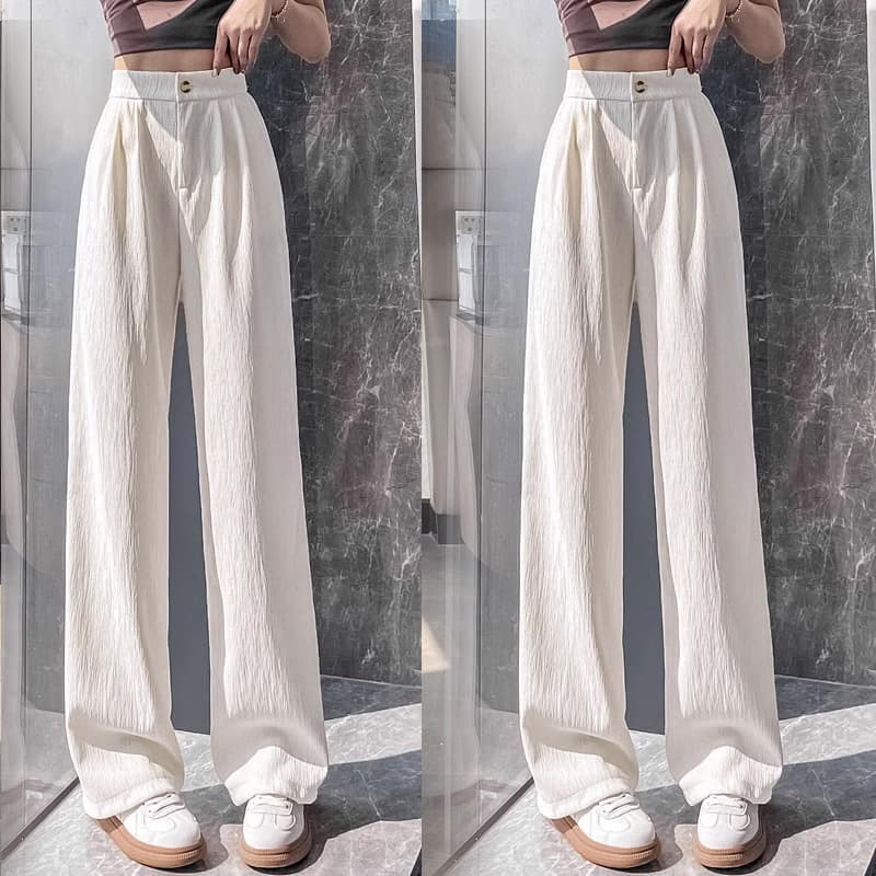 白パンツ クレープ素材プリーツワイドパンツ