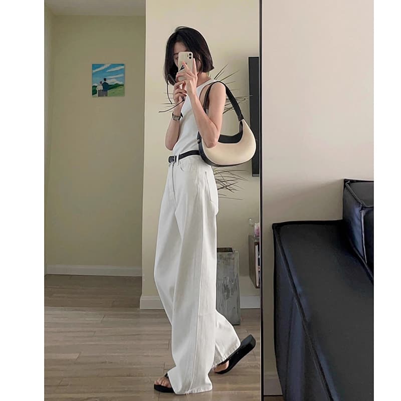 白パンツ ドレープストレートデニムパンツ