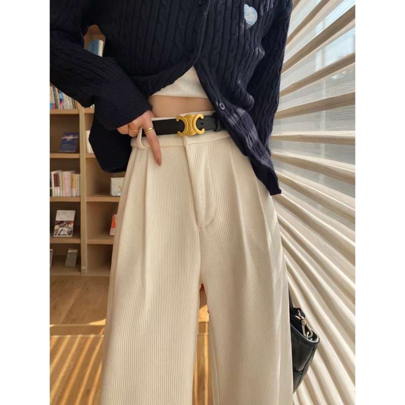 白パンツ ウエスト切替プリーツワイドパンツ