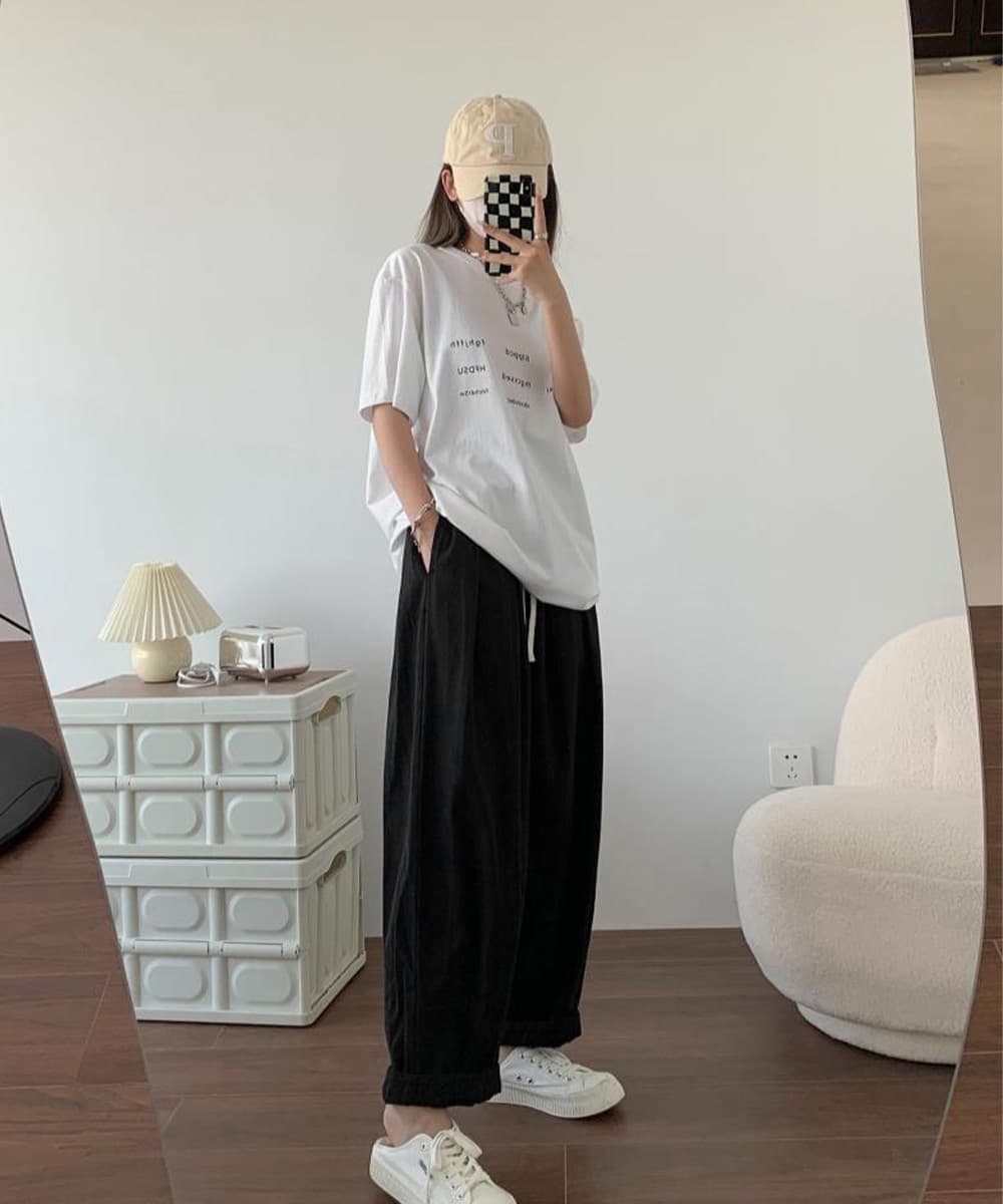 白パンツ ゆったりワイドパンツ レディース体型カバー紐付き