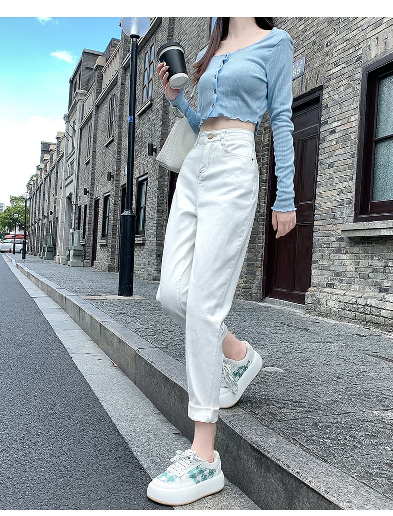 白パンツ ハイウエストストレートデニムパンツ