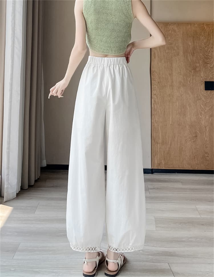 編みレース付きゆったり白パンツ 2025新作 薄手九分丈
