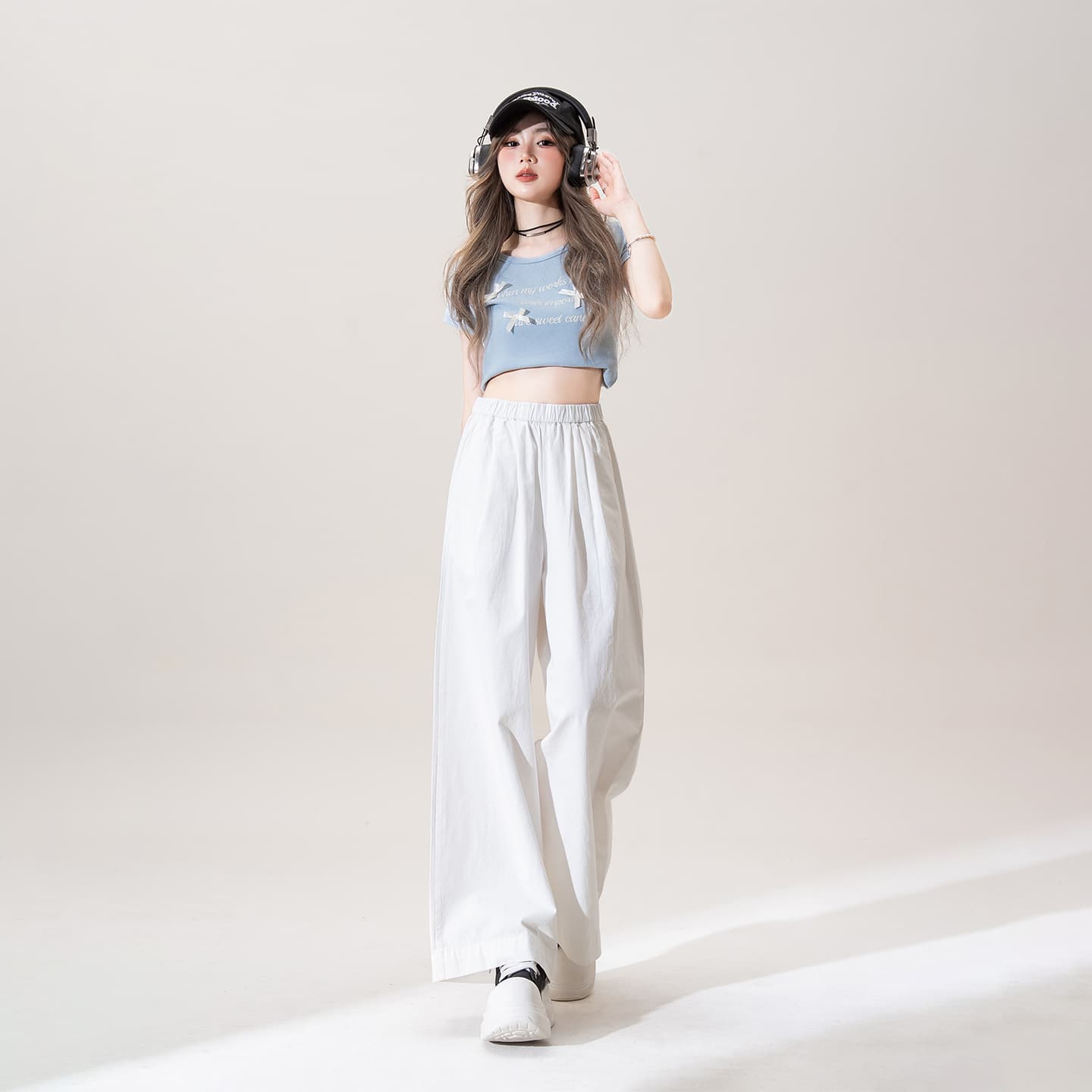 白パンツ ゆったりワイド綿麻素材ロングパンツ
