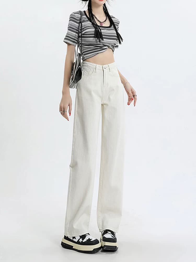 白パンツ ゆったりストレートデニムパンツ