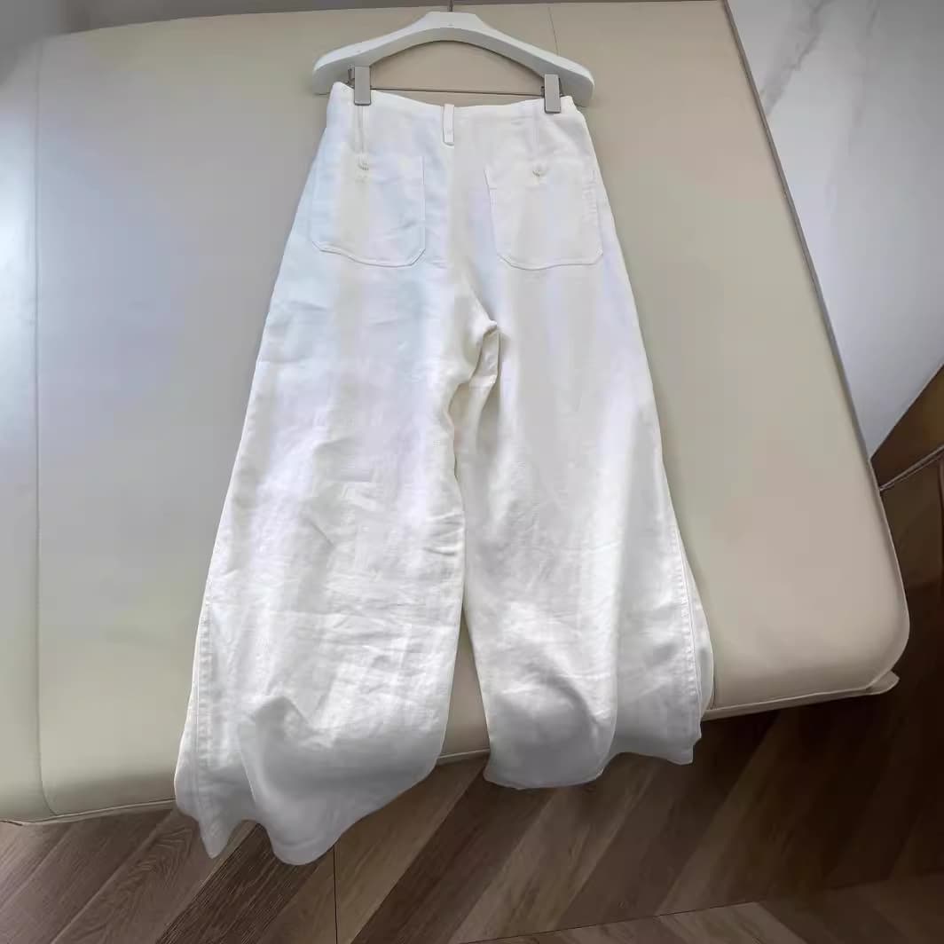 白パンツ リネン混ハイウエストゆったりワイドパンツ