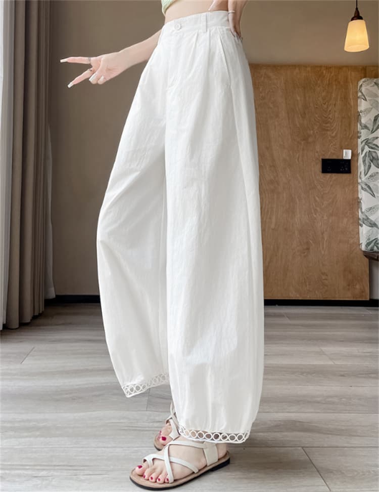 編みレース付きゆったり白パンツ 2025新作 薄手九分丈