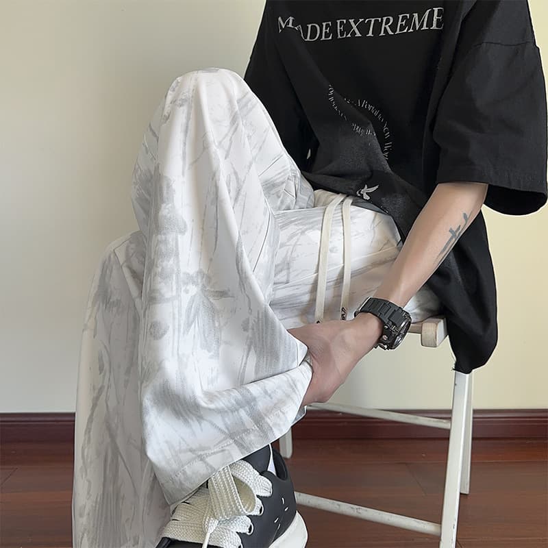 白パンツ 大理石柄ワイドパンツ