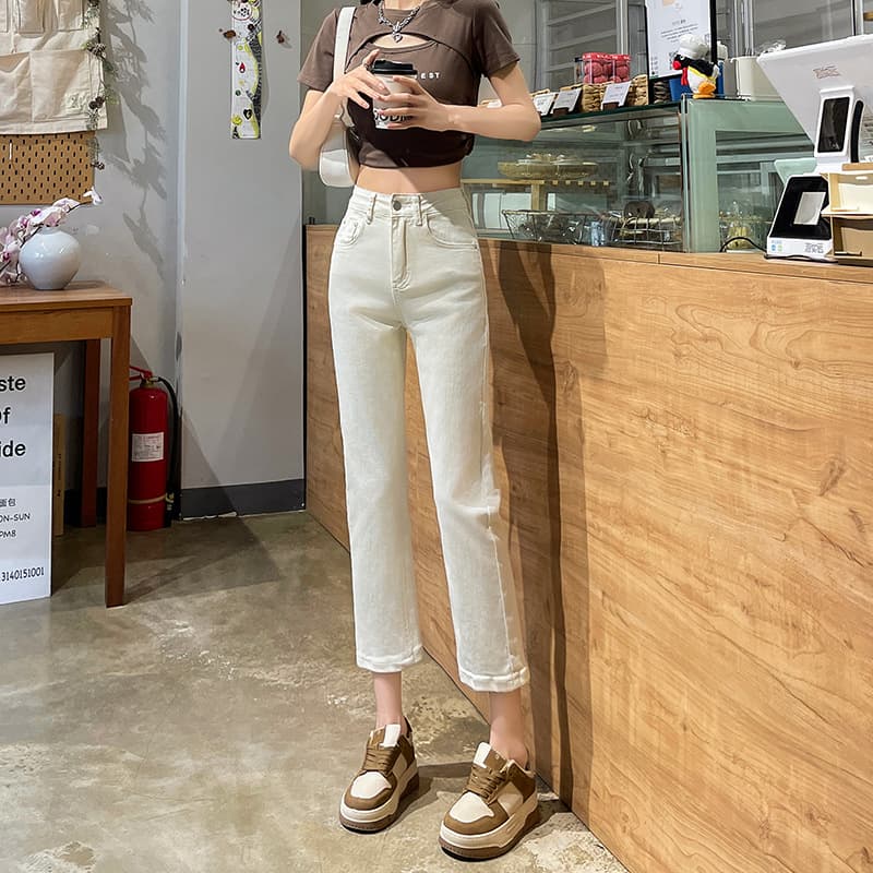 白パンツ バックパッチデニムストレートパンツ