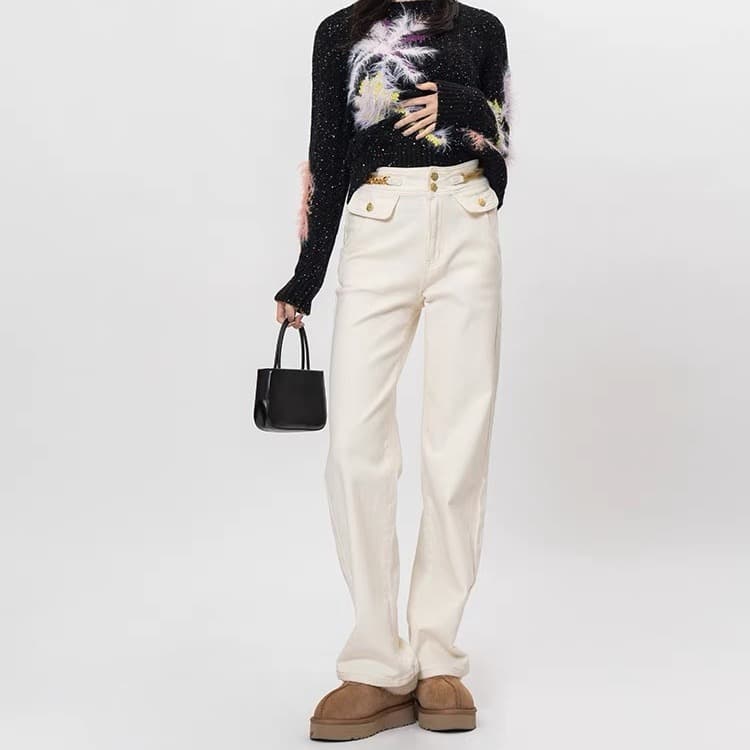 白パンツ フラップポケット付き デニム風ストレートパンツ