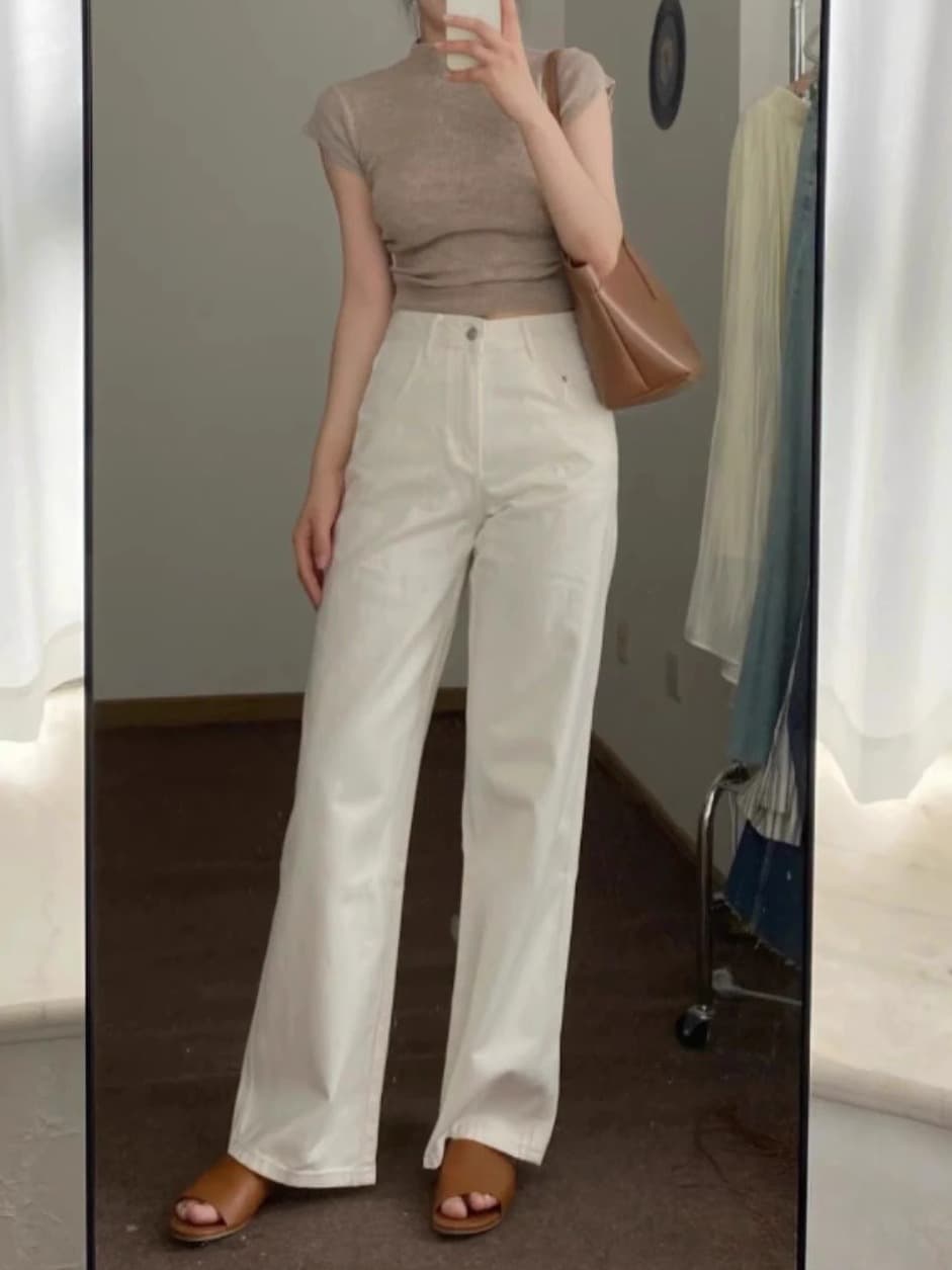 白パンツ ハイウエストストレートデニムパンツ