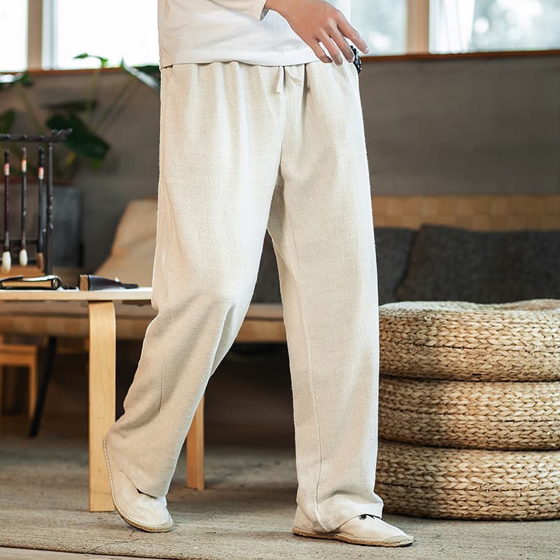 白パンツ リネン風ゆったりくつろぎパンツ