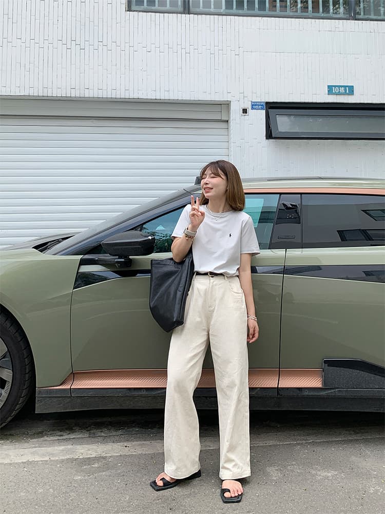 白パンツ しわ加工ワイドストレートパンツ
