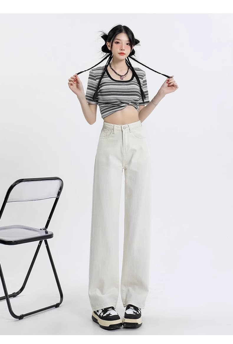 白パンツ ゆったりストレートデニムパンツ